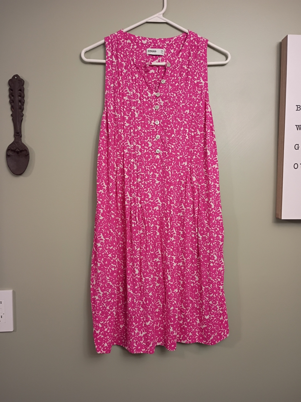 Sonoma Hot Pink and White Sleeveless Button-Front Midi Dress
